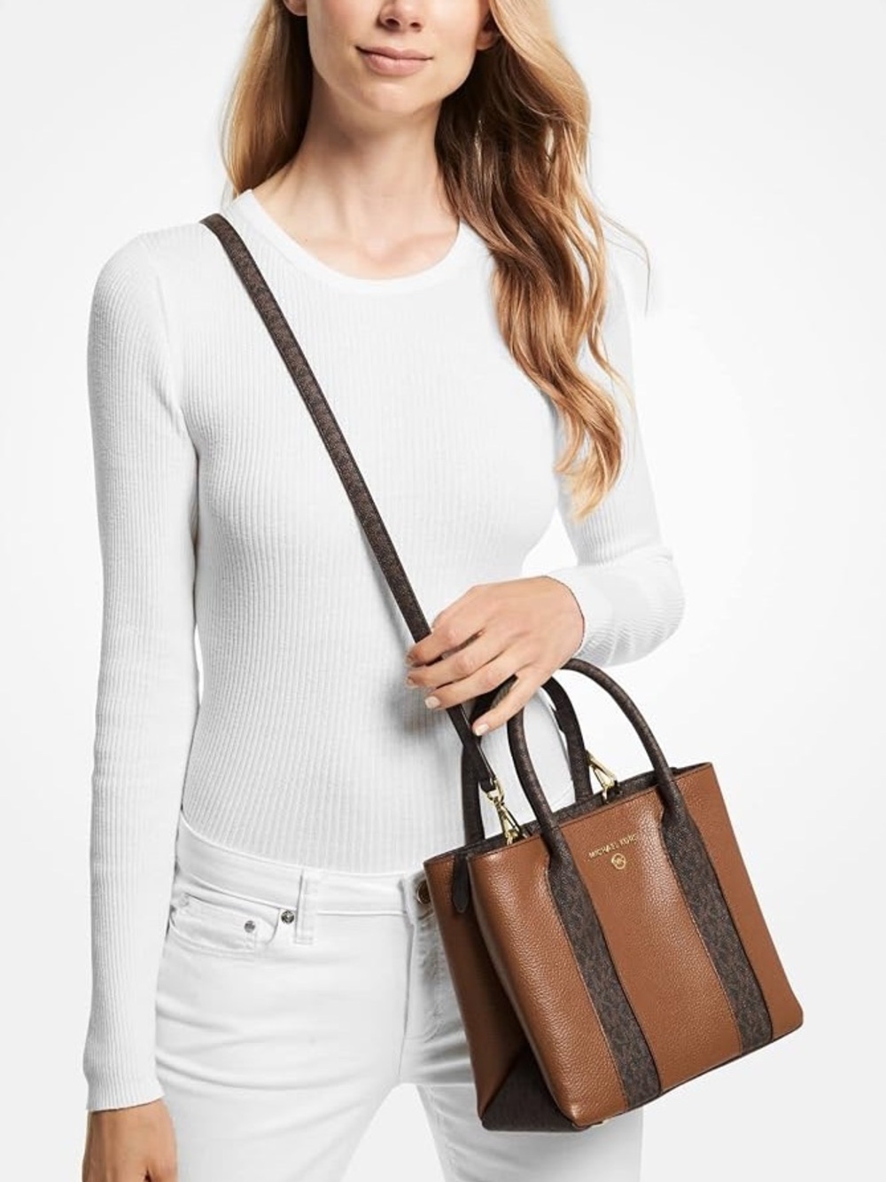 Michael Kors Brown Pebbled Leather Crossbody Tote with Signature Trim